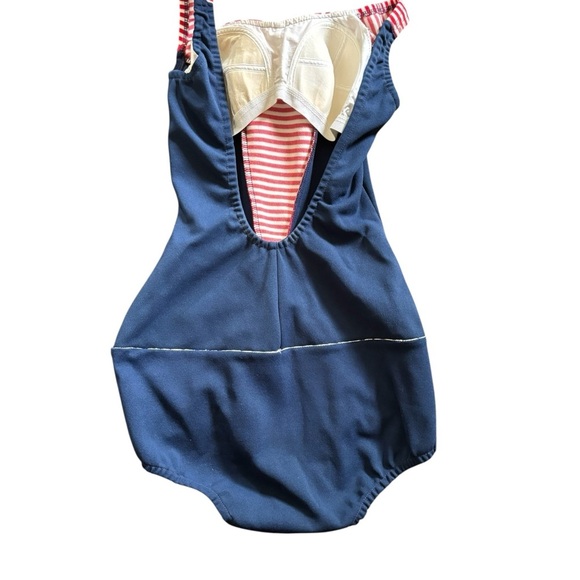 VTG 1960’s One Piece Knit Swimsuit Navy Red Sz 6/8 M Built in Bra Scoop Back - Picture 2 of 8